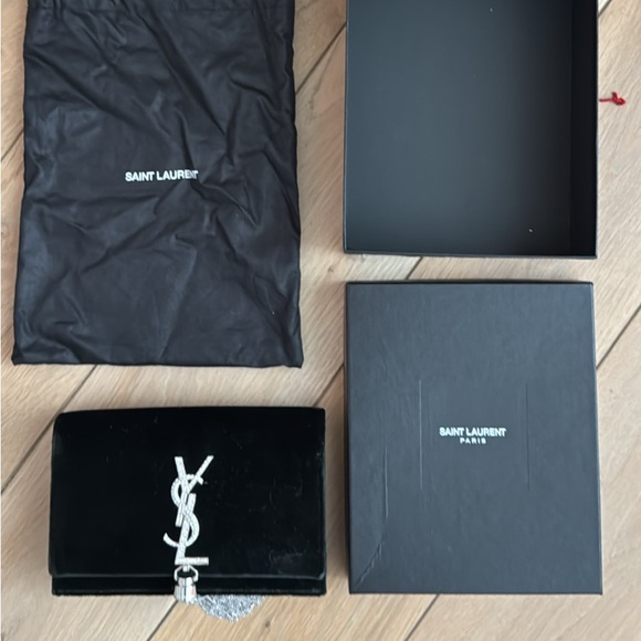 NWT YSL Saint Laurent Green Velvet Crystal Monogram Kate Clutch Chain Shoulder - Picture 8 of 8